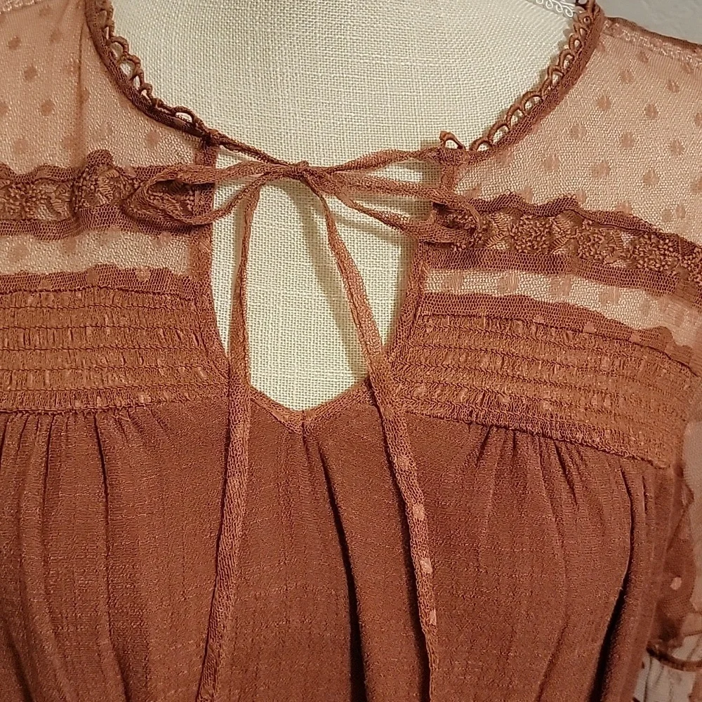 Sweet Wanderer Rust Mini Dress with Sheer Puff Sleeves